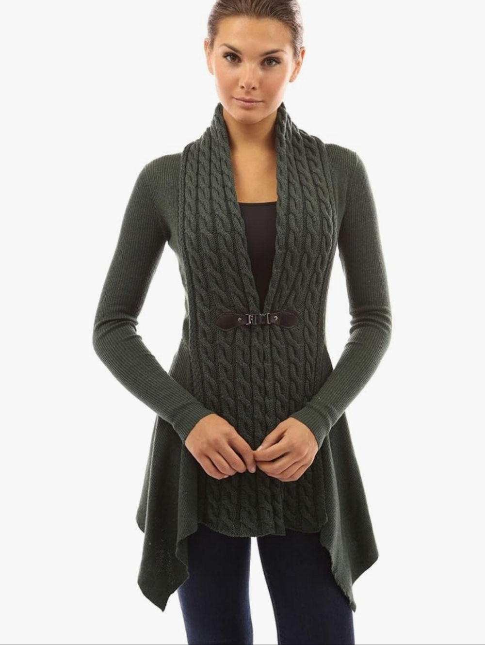 PattyBoutik Women Buckle Braid Front Cardigan (Dark Green)